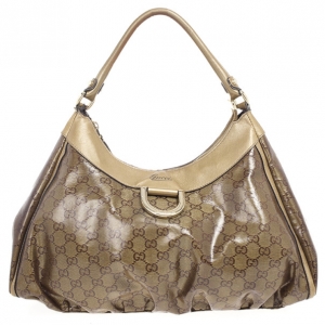 Pre Owned Gucci Beige GG Crystal Canvas Gold D Ring Hobo Bag