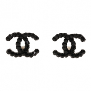 Pre Owned Chanel CC Black Crystal Silver Tone Earrings
