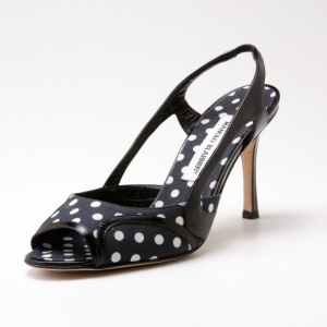 Pre Owned Manolo Blahnik Navy &amp; White Polka Dot Slingback Sandals Size 39
