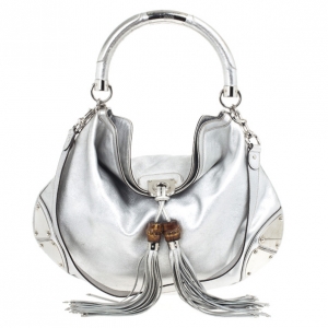 Pre Owned Gucci Silver Leather Indy Top Handle Bag