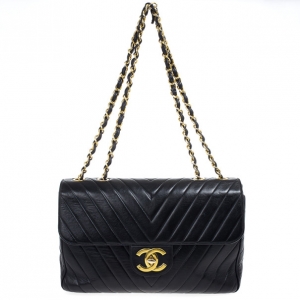 Pre Owned Chanel Black Chevron Lambskin Jumbo XL Classic Flap Bag