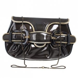 Pre Owned Fendi Dark Green Patent Leather Mini B Bis Evening Clutch