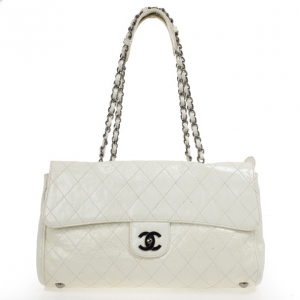 Pre Owned Chanel White Quilted Crackled Patent Leather The Ritz Shoulder Bag
