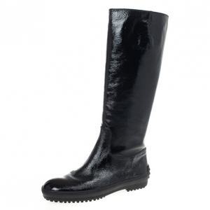 Pre Owned Tod's Black Patent Knee Length Boots Size 38.5