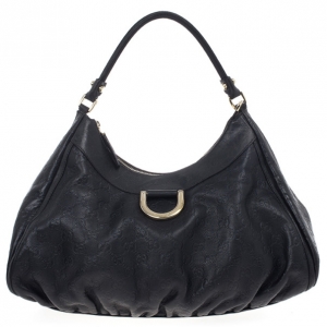 Pre Owned Gucci Black Guccissima Leather D Ring Large Hobo Bag