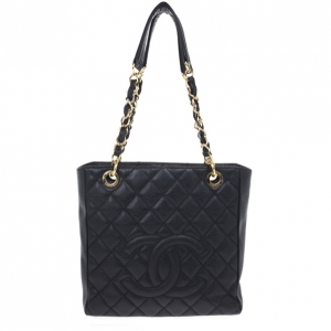 Pre Owned Chanel Black Quilted Caviar Petite Shopping Tote 