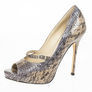Pre Owned Jimmy Choo Snake Embossed Mary Jane Peep Toe Pumps Size 37.5