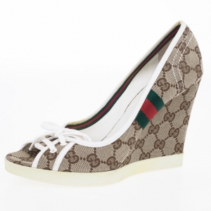 Pre Owned Gucci Guccissima Canvas Lace Up Peep Toe Wedges Size 38.5