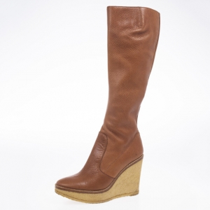 Pre Owned Yves Saint Laurent Brown Leather Knee-High Rubber Wedge Boots Size 38