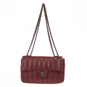Pre Owned Chanel Jumbo Flap Bag Burgundy Lambskin with Pinstripe Stiching
