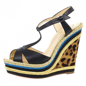 Pre Owned Christian Louboutin Black Leather T Strap Trotolita Wedges Size 39