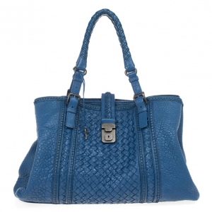Pre Owned Bottega Veneta Blue Woven Nappa Leather Roma Bag