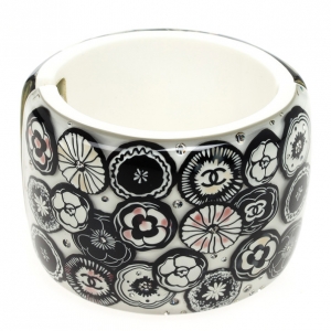 Pre Owned Chanel Black & White Camellia Crystal Cuff Bracelet
