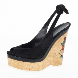 Pre Owned Gucci Black Suede Tattoo Collection UNICEF Slingback Wedge Sandals Size 38.5
