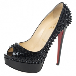 Pre Owned Christian Louboutin Black Patent Lady Peep Toe 150mm Spikes Platform Pumps Size 36.5