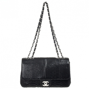 Pre Owned Chanel Classic Black Python Jumbo Flap Bag