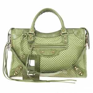 Pre Owned Balenciaga Green Perforated Classic Gold City Bag