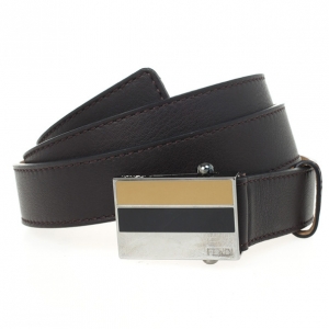 Pre Owned Fendi Brown Leather Striped Enamel Sliding Buckle Belt 105 CM