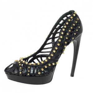 Pre Owned Alexander McQueen Black Cutout Studded Pumps Size 41