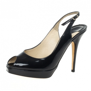 Pre Owned Jimmy Choo Black Patent Clue Peep Toe Slingback Sandals Size 38