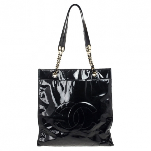 Pre Owned Chanel Black Patent Leather CC Logo Jumbo Shopping Tote Bag
