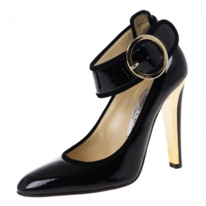 Pre Owned Jimmy Choo Black Patent Ankle Strap Pumps Size 36.5