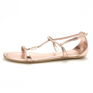 Pre Owned Gucci Rose Gold Leather Logo Charm Strappy Sandals Size 37