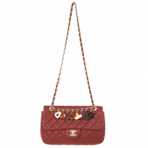 Pre Owned Chanel Red Classic Quilted Lambskin Flap Cruise Charm Bag