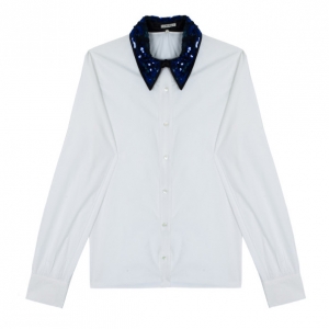 Pre Owned Miu Miu Blue Sequined Collar White Poplin Shirt L