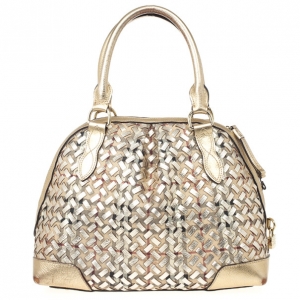 Pre Owned Burberry Metallic Gold Woven Top Handle Bag 