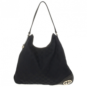 Pre Owned Gucci Black GG "New Britt" Flat Hobo Canvas Bag