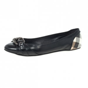 Pre Owned Burberry Black Leather Buckle Ballet Flats Size 37.5