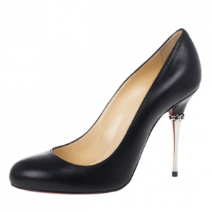 Pre Owned Christian Louboutin Black Leather Chain Detail Metal Heel Pumps Size 38