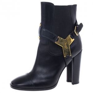Pre Owned Yves Saint Laurent Black Leather Signature Buckle Ankle Boots Size 39