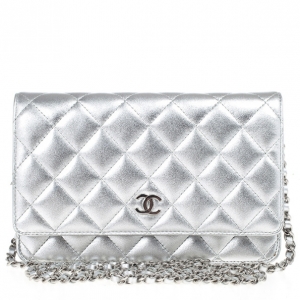 Pre Owned Chanel Silver Quilted Classic Quilted WOC Bag