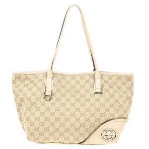 Pre Owned Gucci New Britt Medium Tote Beige and Ebony GG Canvas
