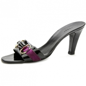 Pre Owned Gucci Black Patent Bamboo Horsebit Slides Size 39