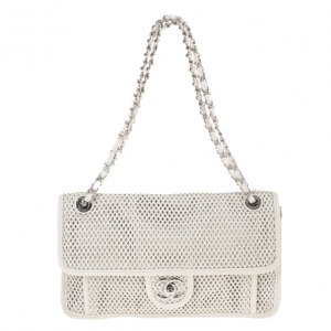 Pre Owned Chanel White Perforated Calfskin Up in the Air Classic Flap Bag 