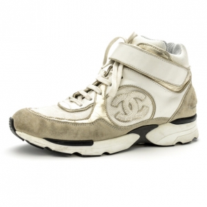 Pre Owned Chanel White &amp; Gold CC High Top Sneakers Size 36.5