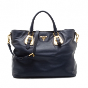 Pre Owned Prada Navy Baltico Soft Calf Leather Tote
