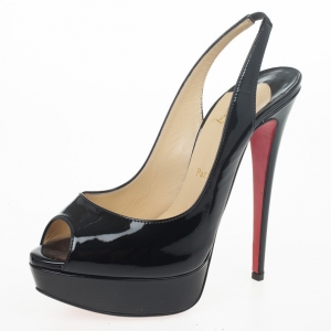 Pre Owned Christian Louboutin Black Patent Lady Peep Toe Slingback Sandals Size 38.5