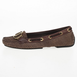 Pre Owned Christian Dior Brown Snake Embossed 'CD' Boatstitched Loafers Size 38