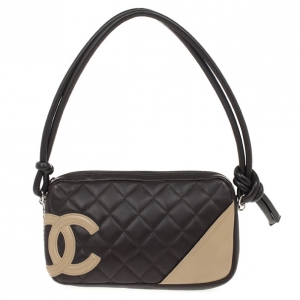 Pre Owned Chanel Black &amp; Beige Mini Calfskin Leather Ligne Cambon Bowler Tote