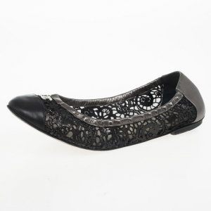 Pre Owned Chanel Black Eyelet Cutout Cap Toe Ballet Flats Size 38