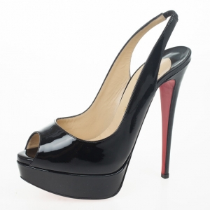 Pre Owned Christian Louboutin Black Patent Lady Peep Toe Platform Slingback Sandals Size 38