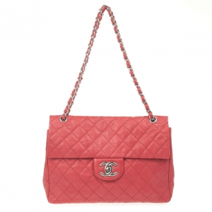 Pre Owned Chanel Red Lambskin Classic Maxi Flap 