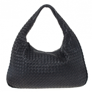 Pre Owned Bottega Veneta Black Textured Intrecciato Hobo