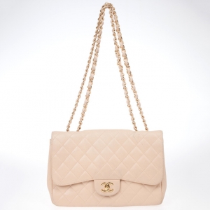 Pre Owned Chanel Beige Caviar Classic Jumbo Flap Bag