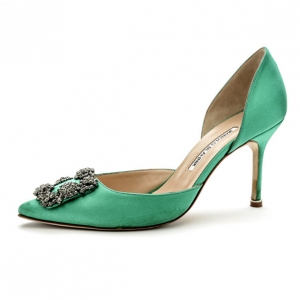 Pre Owned Manolo Blahnik Green Satin Hang Isido D'orsay Pumps Size 38 
