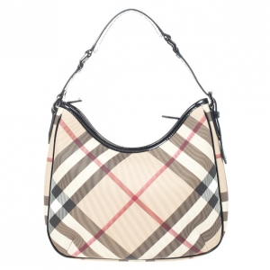 Pre Owned Burberry Black Patent Leather Supernova Coated Canvas Barton Hobo Bag